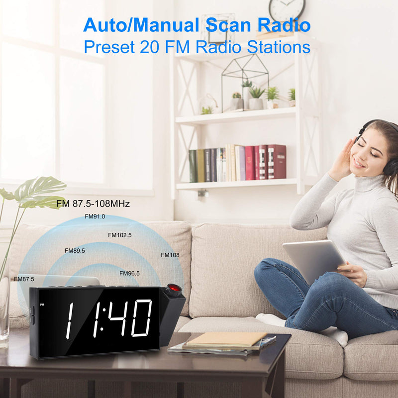  [AUSTRALIA] - Projection Dual Alarm Clock for Bedroom,Large Ceiling Clock with FM Radio,350°Projector,7" LED Display & Dimmer,Sleep Timer,USB Charger,Loud Digital Electric Clock & Battery Backup for Heavy Sleepers White Display