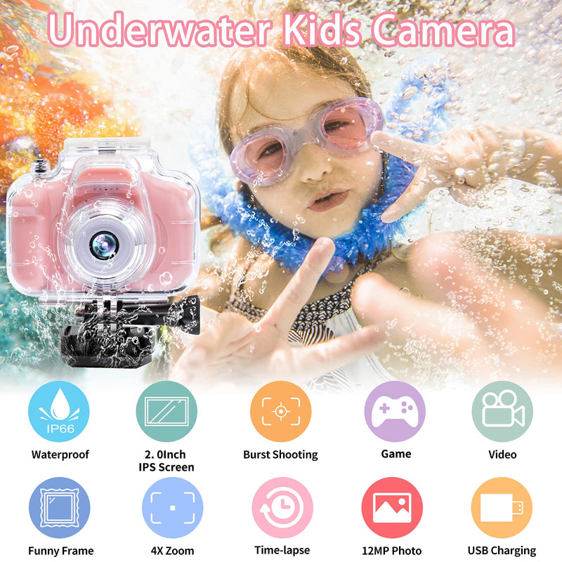  [AUSTRALIA] - Kids Camera Underwater Waterproof Digital Camera for Kids 2 Inch IPS Screen 1080P HD Kids Video Action Camera for 3 4 5 6 7 8 9 10 Year Old Girls Boys Thanksgiving Christmas Birthday Gift Pink