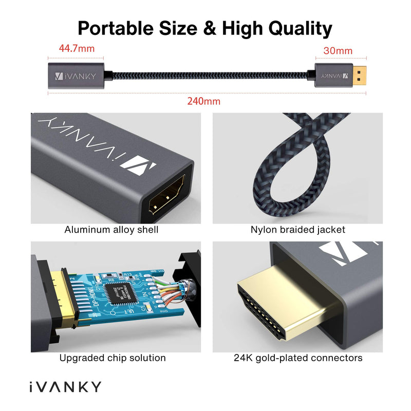  [AUSTRALIA] - DisplayPort to HDMI Adapter, iVANKY Unidirectional DP to HDMI Converter, Nylon Braided 1080P Adapter for Laptop (HP/Lenovo/Dell), Monitor, HDTV, Graphics Card (NVIDIA/AMD) and More - Grey