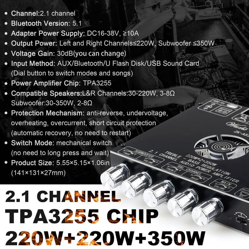  [AUSTRALIA] - DAJUNGUO ZK-AS21 220W*2+350W 2.1 Bluetooth Power Amplifier Board with TPA3255 Chip, DC 18V-36V Class D Amplifier for Home Theater