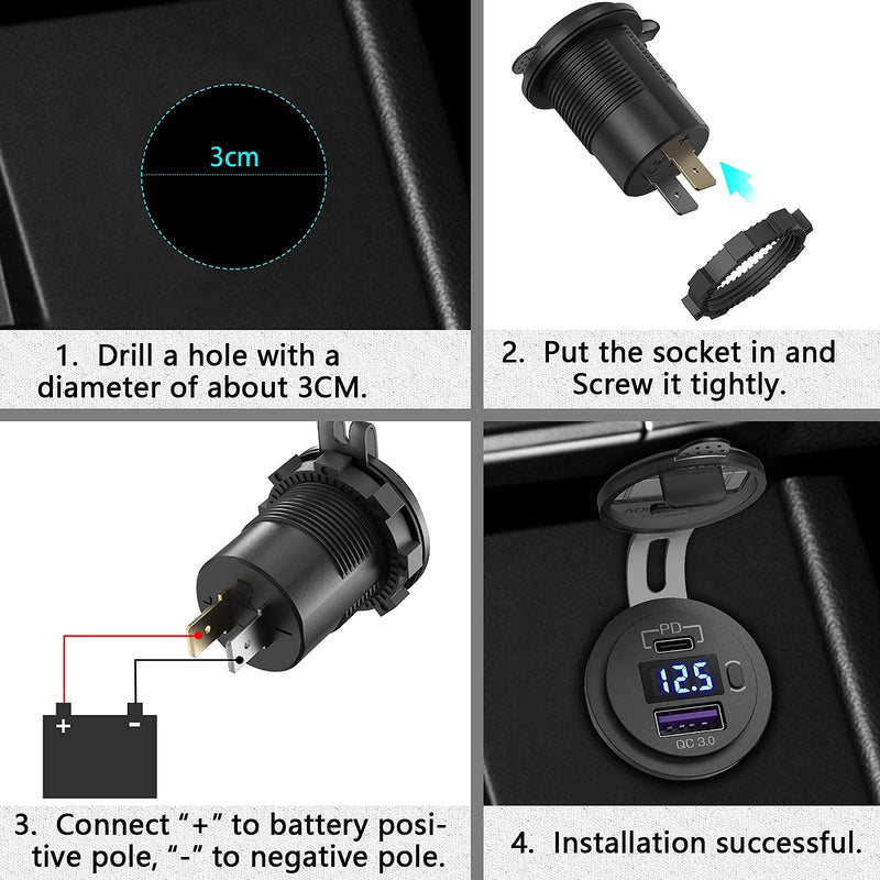  [AUSTRALIA] - [ 2 +1 Pack] USB C Car Charger Socket, Qidoe 48W Dual PD USB-C & QC 3.0 USB Outlet with LED Voltmeter and ON/Off Switch Fast Car Charger Adapter for 12V/24V Car, Boat, RV, Truck, Golf, Motorcycle