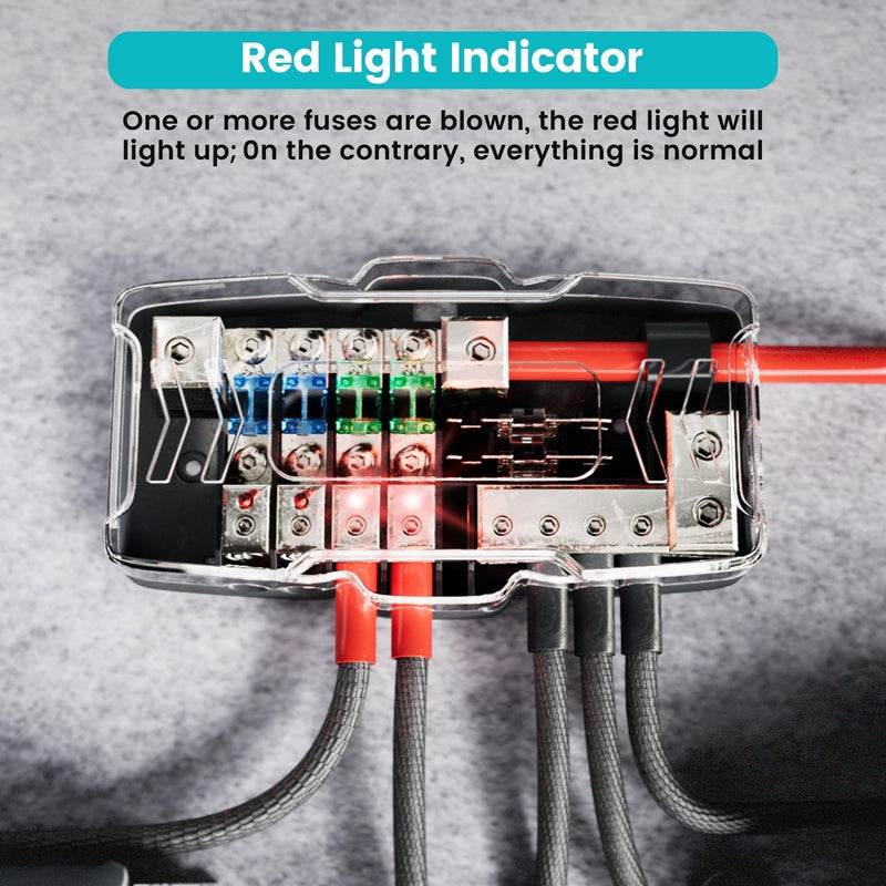  [AUSTRALIA] - NuIth Car Audio Power Distribution Block 0/4 Gauge Input 4/8 Gauge Output, 4 Way Mini ANL Fuse Block 12V with Ground, 2 Way in 4 Way Out Fused Distribution Block with Red LED Indicator