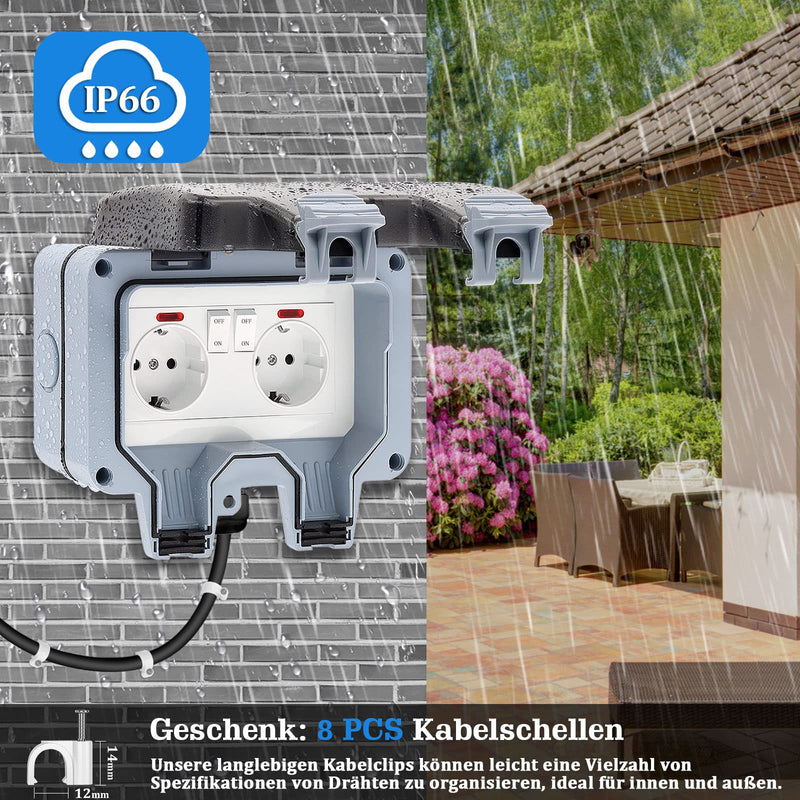  [AUSTRALIA] - Outdoor socket socket IP66 waterproof socket with switch indicator light, wall socket wet room surface-mounted protective contact garden socket dustproof weatherproof outdoor socket with hinged lid