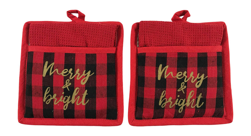  [AUSTRALIA] - Merry Bright Christmas Holiday Kitchen Gift Set: Two Red Hand Dish Towels, Two Matching Red Black Check Pot Holder (Merry Bright) Merry Bright