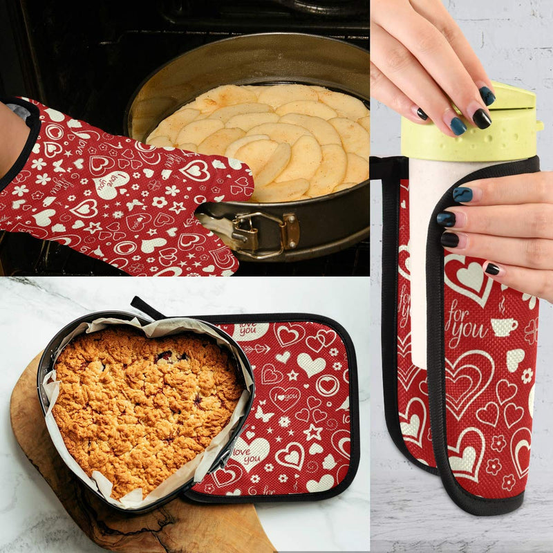 [AUSTRALIA] - Exnundod Valentine Red Hearts Oven Mitts & Pot Holders 2pcs Kitchen Heat Resistant Non-Slip Potholders Set for Cooking Baking BBQ Color01