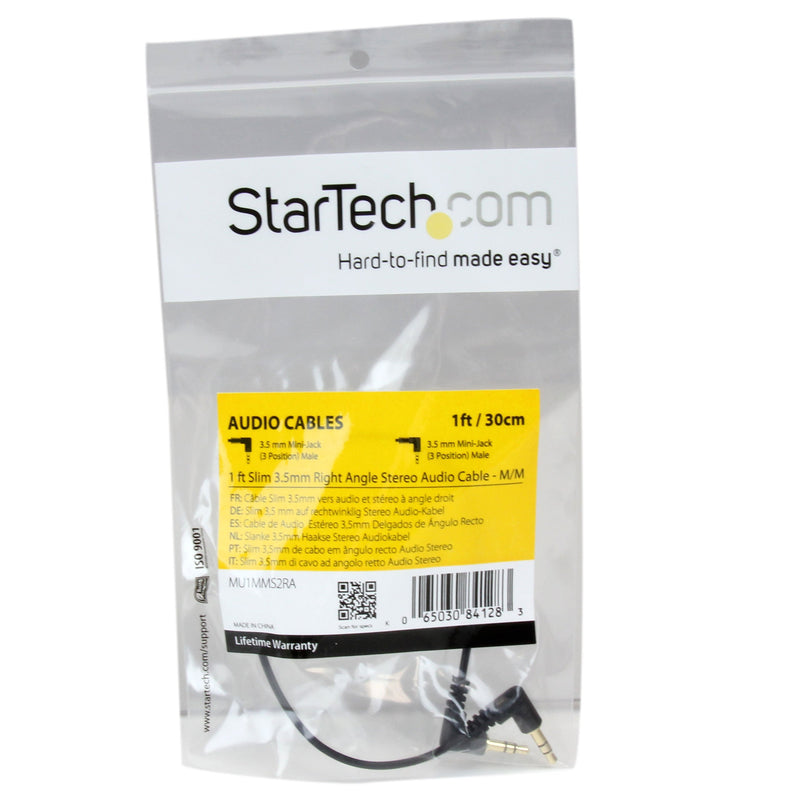 StarTech.com 1 ft. (0.3 m) Right Angle 3.5 mm Audio Cable - 3.5mm Slim Audio Cable - Right Angle - Male/Male - Aux Cable (MU1MMS2RA), Black 2 Angled Connector - LeoForward Australia