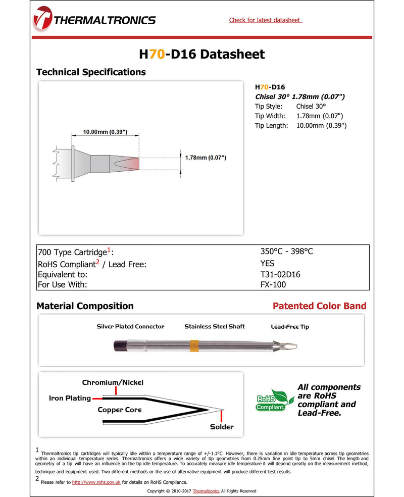  [AUSTRALIA] - Thermaltronics H70-D16 Chisel 30deg 1.78mm (0.07in) interchangeable for Hakko T31-02D16