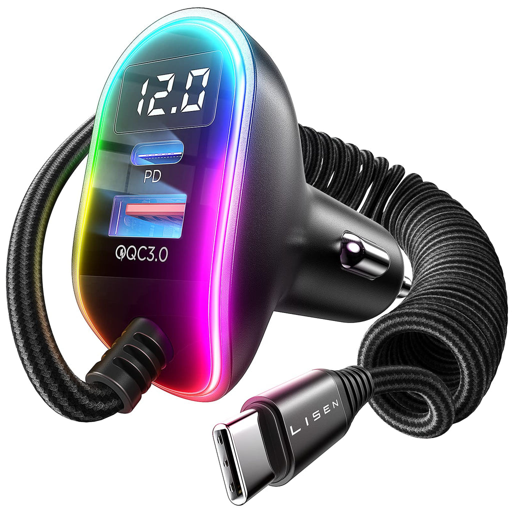  [AUSTRALIA] - LISEN 96W Super Fast Car Charger Type C, Car Charger USB C PD 30W & QC 30W with 5.3ft 36W Type C Coiled Cable,Car Charger Adapter for Samsung Galaxy S23/S22/S21,iPad Pro Black