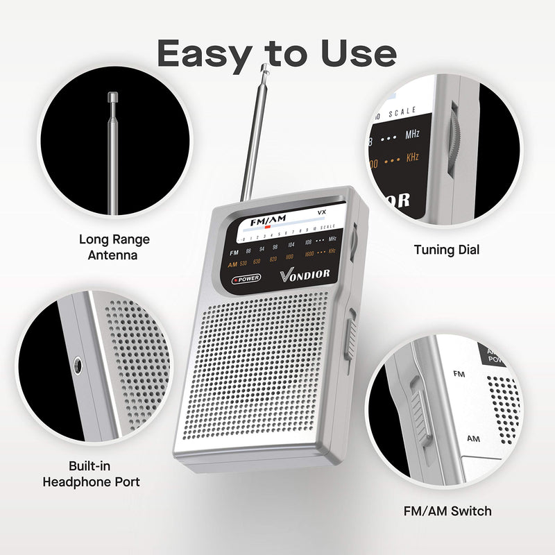  [AUSTRALIA] - AM FM Battery Operated Portable Pocket Radio - Best Reception and Longest Lasting. AM FM Compact Transistor Radios Player Operated by 2 AA Battery, Mono Headphone Socket, by Vondior (Silver) Silver