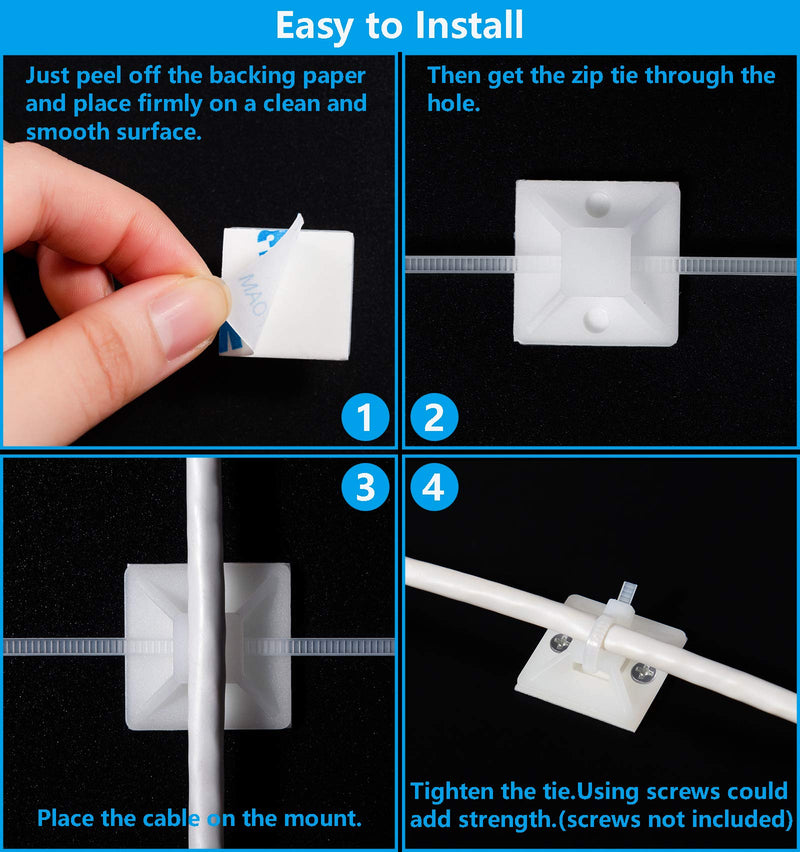  [AUSTRALIA] - Cable Tie Mounts, Adhesive-Backed, 1 Inch, for Cable Management, Cable Tie Anchors, 100 Pack, White