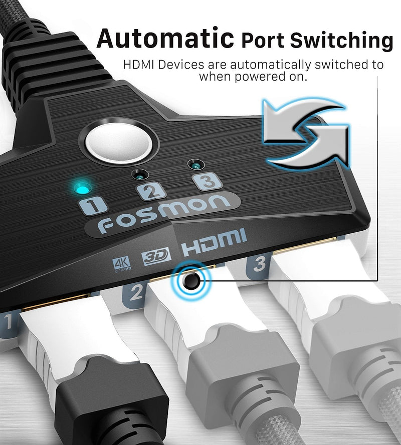  [AUSTRALIA] - Fosmon 3-Port HDMI Switch 4K 30Hz, 3x1 Auto Switcher Automatic Switching UHD 3D HDR Full HD 1080P 60Hz HDCP, HDMI Splitter Hub Compatible with Apple TV Roku Fire TV Stick HDTV PS4 Xbox One Chromecast