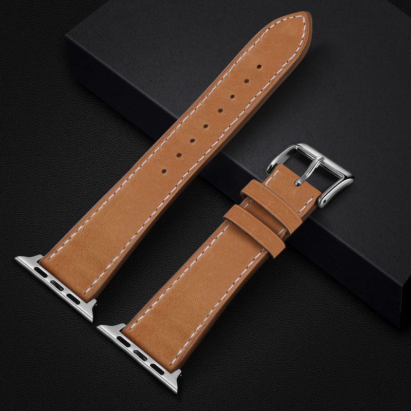  [AUSTRALIA] - Marge Plus Compatible with Apple Watch Band Series SE 7 6 5 4 3 2 1 45mm 41mm 44mm 40mm 42mm 38mm, Genuine Leather Replacement Band for iWatch, Leather Apple Watch Strap for Women & Men, Brown A-Brown/Silver 38mm / 40mm / 41mm