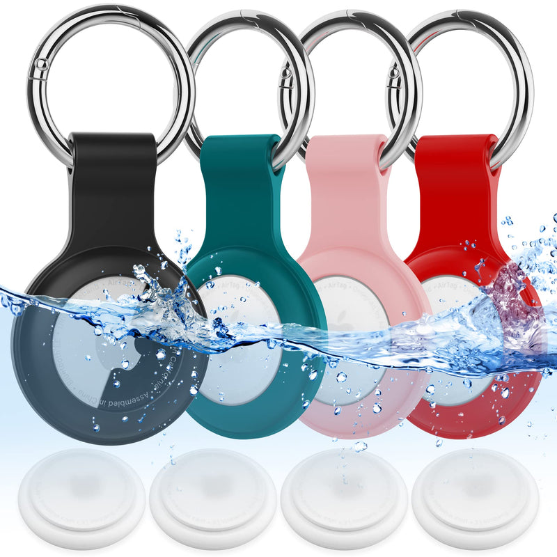  [AUSTRALIA] - 4 Pack IPX8 Waterproof AirTag Keychain，with Soft Silicone Holder Case Key Ring，Lightweight, Anti-Scratch, Easy Installation, Full-Body Shockproof Air Tag Holder for Luggage,Keys, Dog Collar etc. Black Green Pink Red