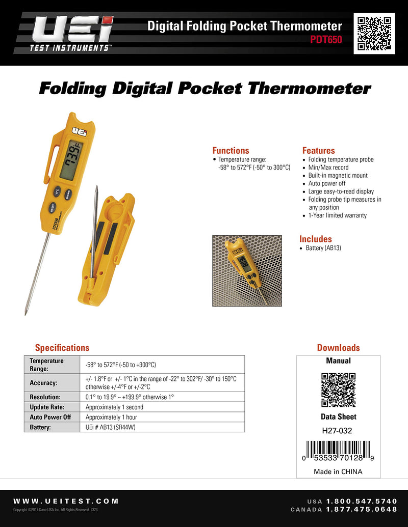  [AUSTRALIA] - UEi Test Instruments PDT650 Folding Pocket Digital Thermometer,Yellow 1