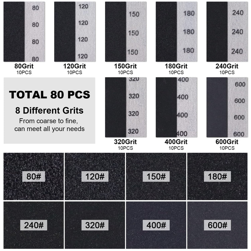  [AUSTRALIA] - POLIWELL Micro Sander Kit 3.5” x 1” Mini Detail Handle Sanding Tool for Small Projects + Wet Dry Sandpaper 80 120 150 180 240 320 400 600 Grit for DIY Crafts Wood Metal Narrow Spaces Polishing, 80 PCS