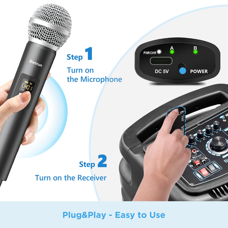  [AUSTRALIA] - Wireless Microphone,Plug&Play Microphone for Singing,Karaoke,Dual Cordless Dynamic Handheld Wireless Mic with Rechargeable Receiver for 1/4'',1/8'',Clear Sound for Adult,Wedding,Party,Church,UHF 98FT BatteryPoweredRound