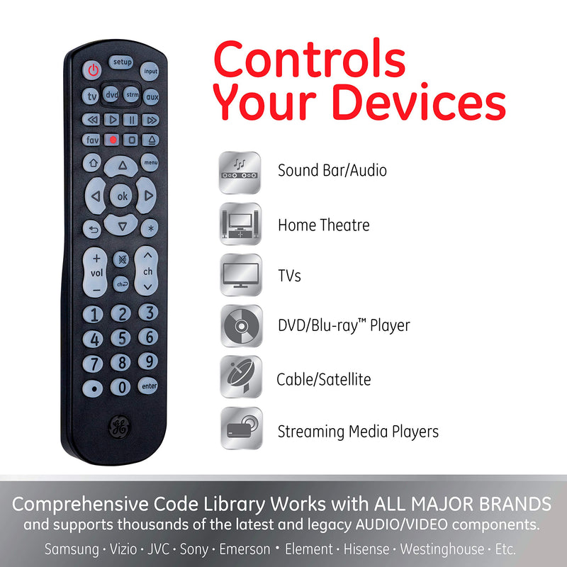 GE Backlit Universal Remote Control for Samsung, Vizio, LG, Sony, Sharp, Roku, Apple TV, TCL, Panasonic, Smart TV, Streaming Players, Blu-Ray, DVD, 4-Device, Black, 40081 4-Device Backlit - LeoForward Australia