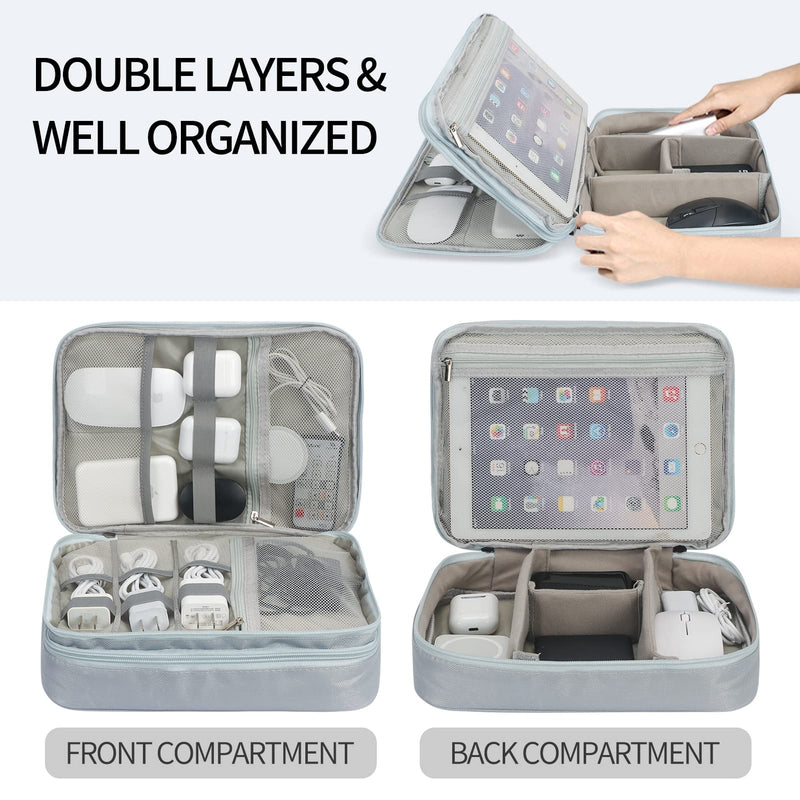  [AUSTRALIA] - FYY Large Electronic Organizer,Waterproof Travel Cable Organizer Bag Pouch for Electronics Accessories Carry Case Portable Double Layers Bag for Tablet,Cable,Cord,Charger,Earphone,Hard Drive Grey Double Layer E-Grey