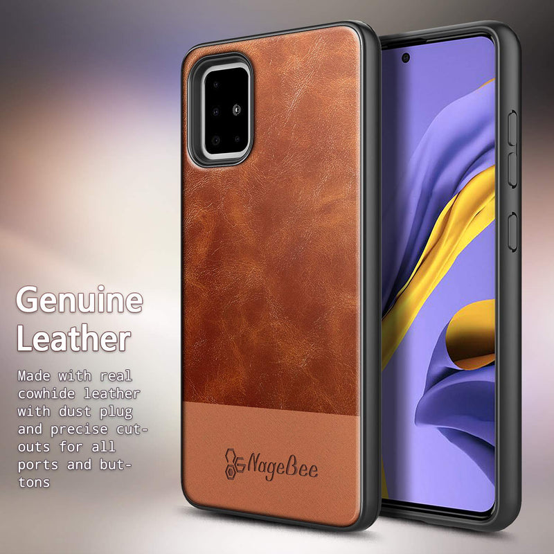 E-Began Case for Samsung Galaxy A51 4G with Tempered Glass Screen Protector (Maximum Coverage), Premium Cowhide Leather Hybrid Defender Protective Shockproof Rugged Durable Case -Brown - LeoForward Australia