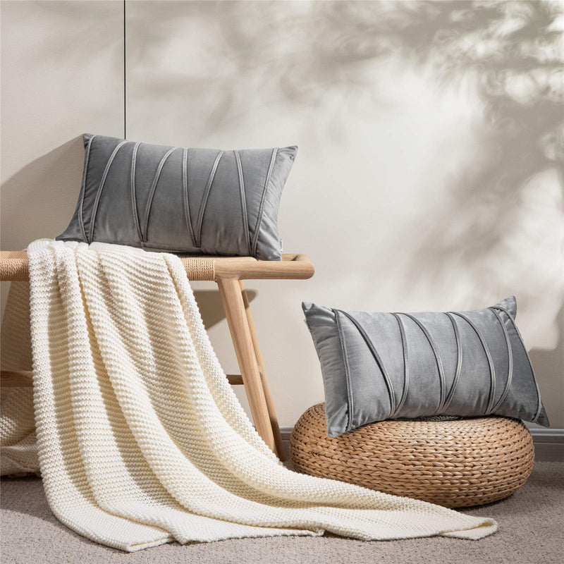  [AUSTRALIA] - Top Finel Decorative Lumbar Throw Pillow Covers Hand-Made Soft Velvet Striped Cushion Covers 12 X 20 for Couch Sofa Bedroom Car, Pack of 2, Grey 12"x20"