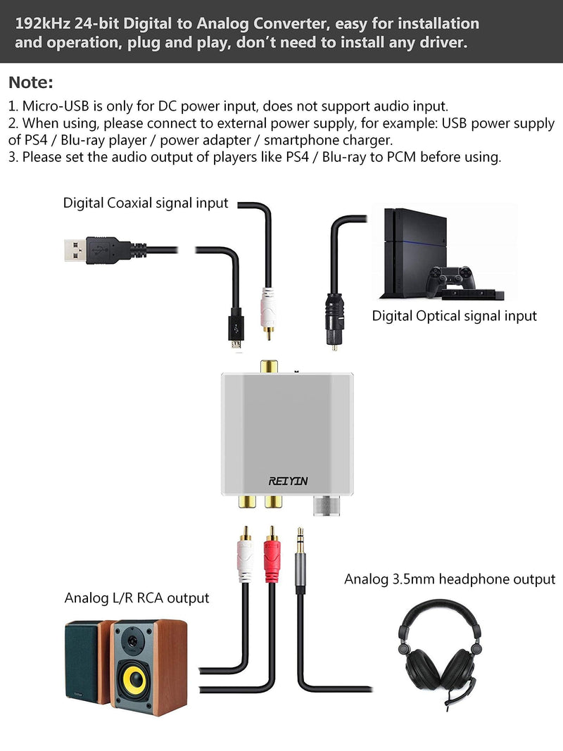  [AUSTRALIA] - Reiyin DA-01 Digital to Analog Converter DAC Digital Optical Coaxial Toslink to Analog Stereo L/R RCA 3.5mm Audio Adapter with Volume Control for PS3 PS4 Xbox DVD AV Amps Cinema Systems Apple TV