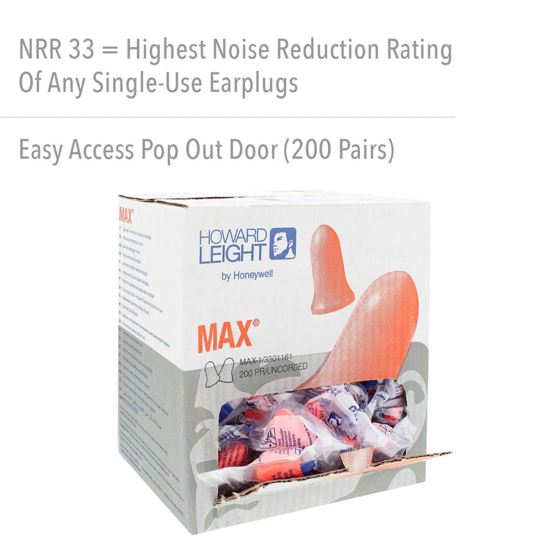  [AUSTRALIA] - Howard Leight MAX-1 Uncorded NR33 Foam Earplugs Box, 200 Pair (Orange) 200 Pairs