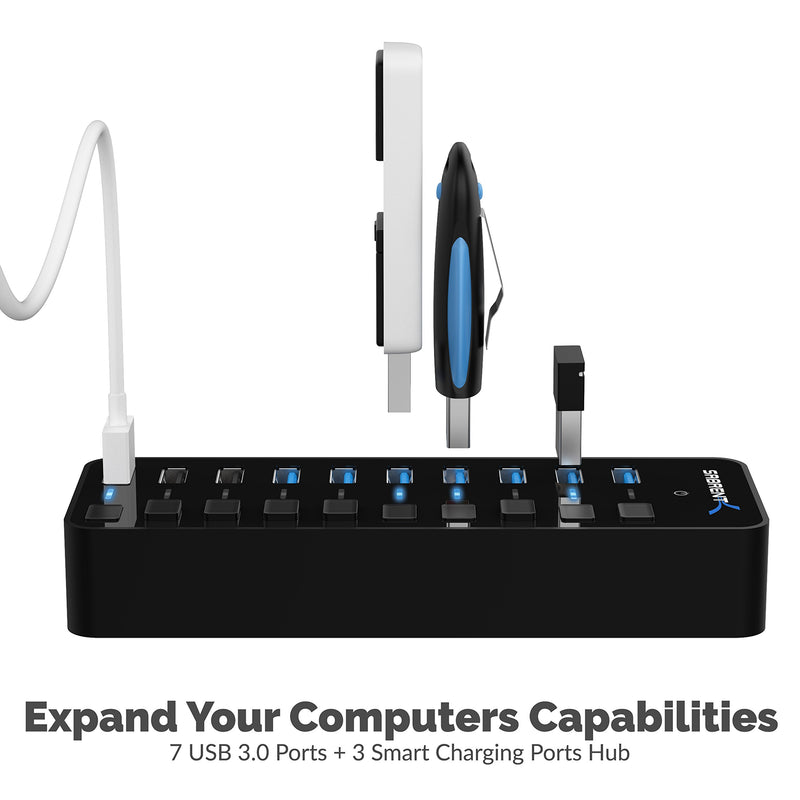 Sabrent 60W 10-Port USB 3.0 Hub Includes 3 Smart Charging Ports with Individual Power Switches and LEDs + 60W 12V/5A Power Adapter (HB-B7C3) 7 + 3 Charging Ports - LeoForward Australia