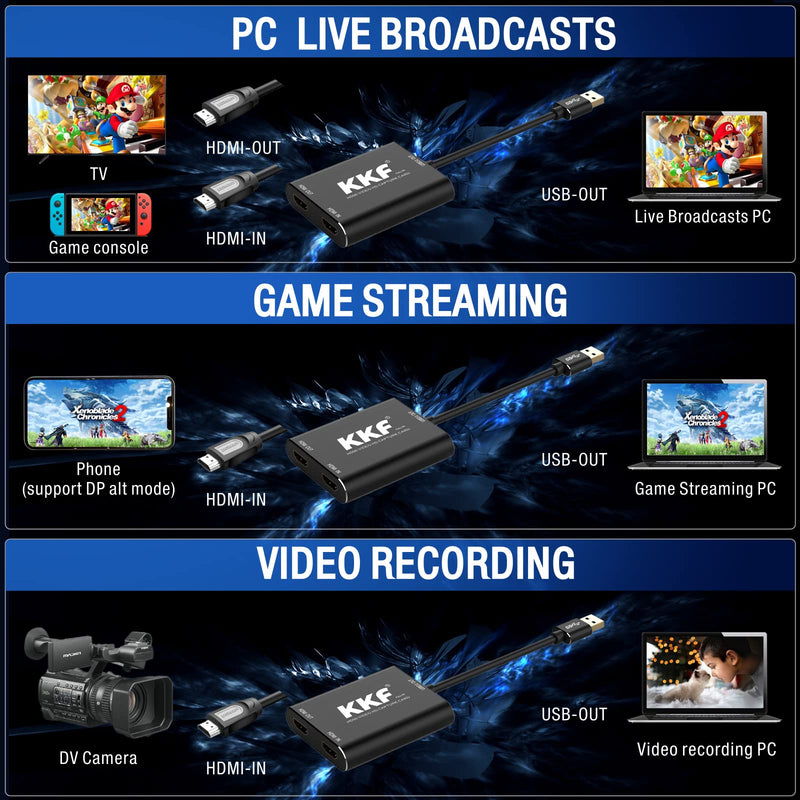  [AUSTRALIA] - KKF HDMI Video Capture Card, 4K USB 3.0 Capture Card for Live Streaming and Recording, 1080P 60FPS Game Capture Device Work on PS5 PS4 Xbox Nintendo Switch 3ds DSLR OBS with HD Ultra-Low Latency USB A 3.0