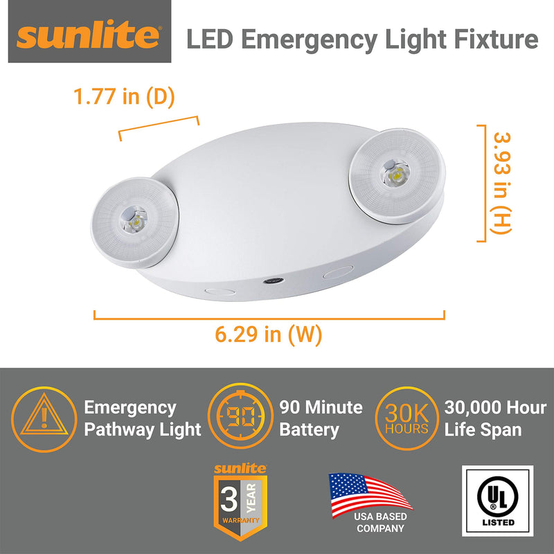  [AUSTRALIA] - Sunlite 05269-SU Compact LED Emergency Light Fixture, 2 Watts, 120-277 Volt, Dual Heads, 90-Minute Battery Backup, Wall or Ceiling Mount, IP20, UL Listed, White