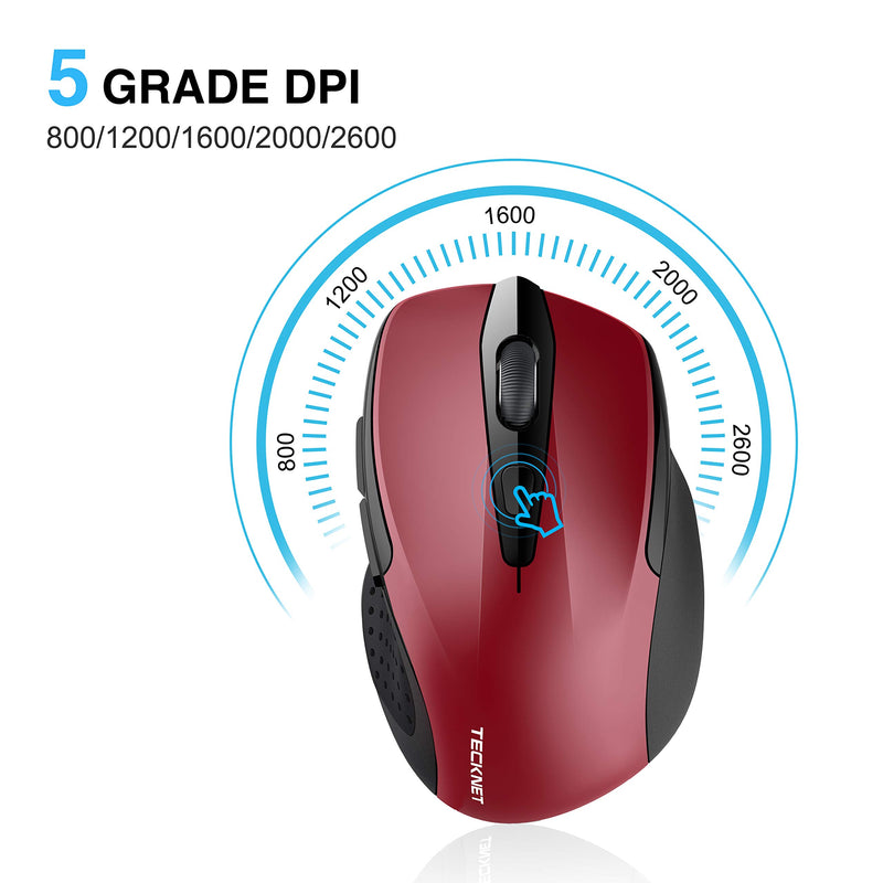 TECKNET Pro 2.4G Ergonomic Wireless Optical Mouse with USB Nano Receiver for Laptop,PC,Computer,Chromebook,Notebook,6 Buttons,24 Months Battery Life, 2600 DPI, 5 Adjustment Levels Red - LeoForward Australia