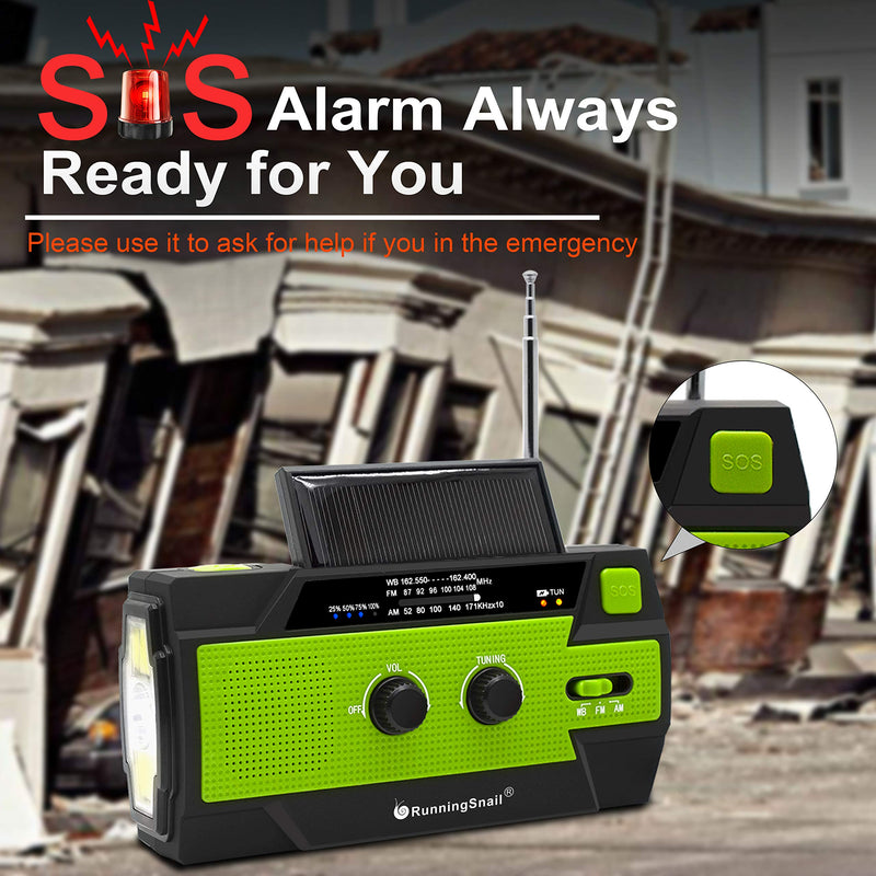 【2021 Newest】RunningSnail Emergency Crank Radio，4000mAh-Solar Hand Crank Portable AM/FM/NOAA Weather Radio with 1W Flashlight&Motion Sensor Reading Lamp，Cell Phone Charger, SOS for Home and Emergency Green - LeoForward Australia