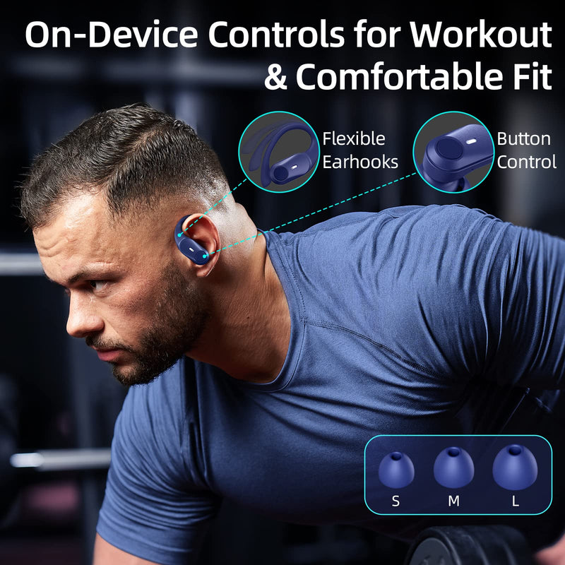  [AUSTRALIA] - GOLREX Bluetooth Headphones Wireless Earbuds 36Hrs Playtime Wireless Charging Case Digital LED Display Over-Ear Earphones with Earhook Waterproof Headset with Mic for Sport Running Workout Blue