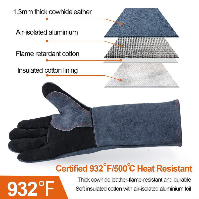  [AUSTRALIA] - HZXVOGEN 16 Inches 932℉ Heat Fire Resistant Welding Gloves BBQ Grill Gloves for Arc Tig Mig Wood Stove Barking Oven Fireplace Welder Gloves – Free Size for Men Women