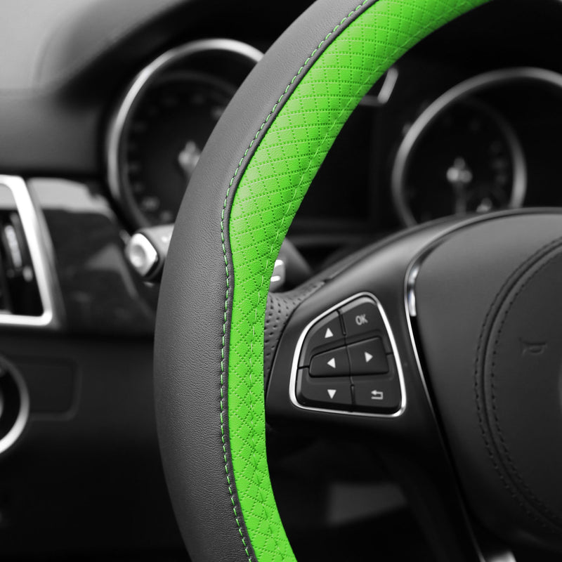  [AUSTRALIA] - FH Group FH2009 Geometric Chic Genuine Leather Steering Wheel Cover (Green) – Universal Fit for Cars Trucks & SUVs
