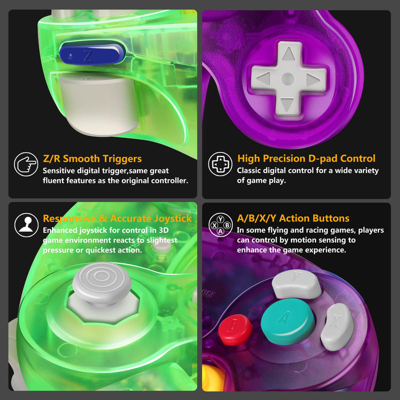  [AUSTRALIA] - FIOTOK Gamecube Controller, Classic Wired Controller for Wii Nintendo Gamecube (Clear Purple & Clear Green-2Pack) Clear Purple & Clear Green
