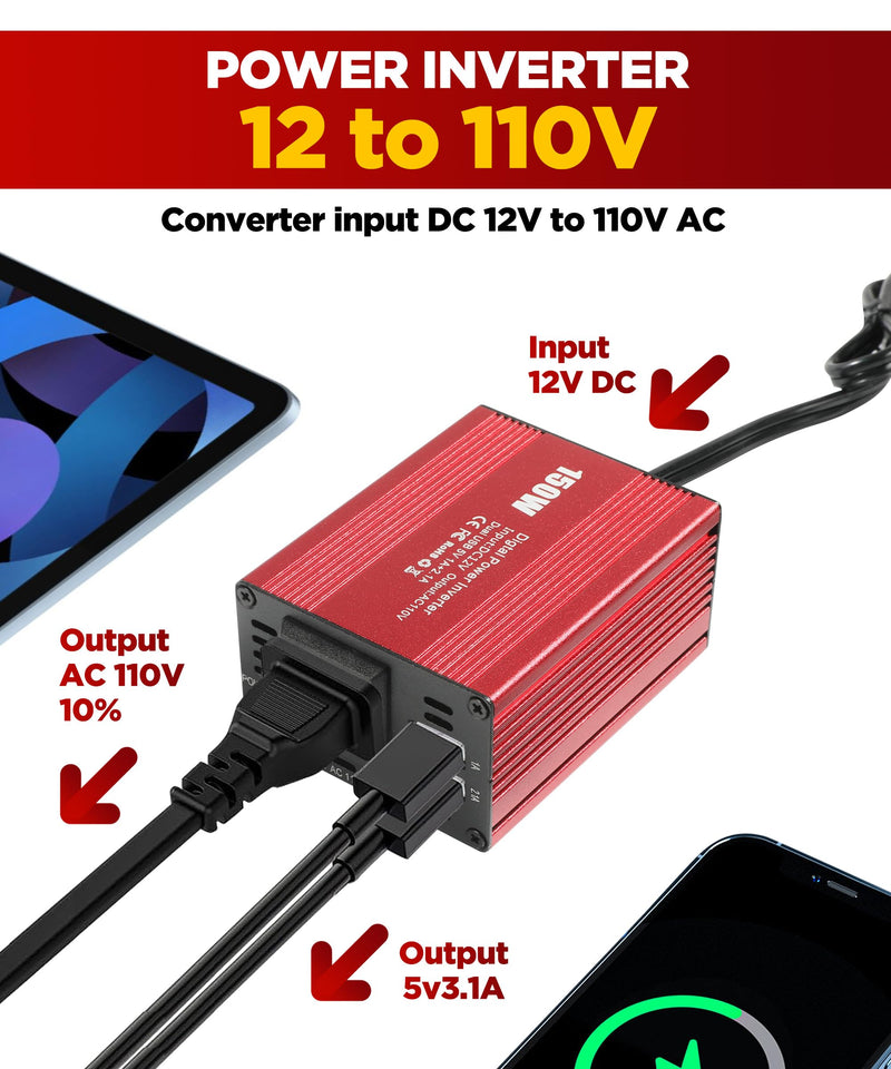  [AUSTRALIA] - AOCISKA 150W Power Inverter,Car Truck RV Inverter,12V DC to 110V AC Converter Vehicle Adapter Plug Outlet with 3.1A Dual USB Charging Ports,Car Charger Adapter for Laptop Computer.