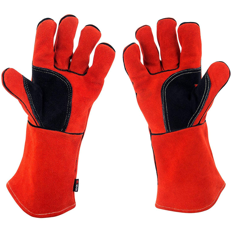  [AUSTRALIA] - NoCry Heavy Duty Heat Resistant & Flame Retardant Welding & BBQ Gloves, Premium Cowhide Leather, Long 14 inch Forearm Protection. Red, Size Large