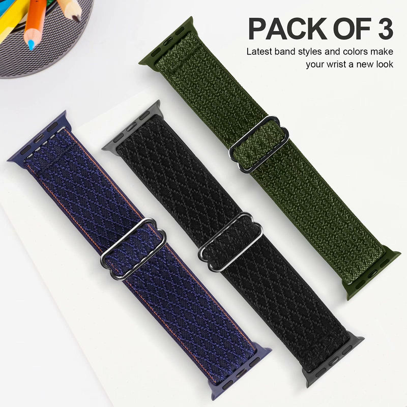  [AUSTRALIA] - Swhatty Stretchy Nylon Solo Loop Bands Compatible with Apple Watch 45mm 41mm 44mm 40mm 42mm 38mm, Adjustable Braided Sport Elastics Women Men Strap for iWatch Series 7/6/5/4/3/2/1 SE, 3 Pack L 38 Black/Army Green/Deep Navy Blue 38mm/40mm/41mm