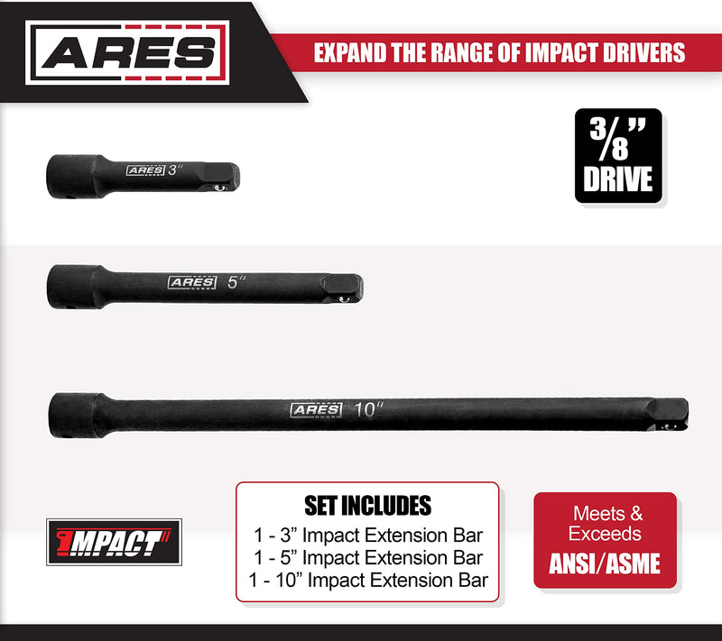  [AUSTRALIA] - ARES 70032-3/8-Inch Drive Impact Extension Bar Set - 3-Inch, 5-Inch, and 10-Inch Laser Etched Socket Extensions Expand the Range of Impact Drivers 3/8" Drive