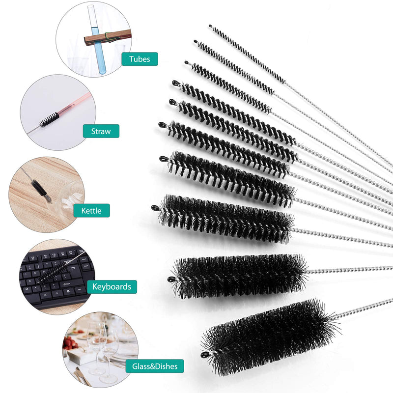 Bottle Cleaning Brushes, 8 Inch Nylon Tube Brush Set, Cleaner for Narrow Neck Bottles Cups with Hook, Set of 10pcs Black - LeoForward Australia