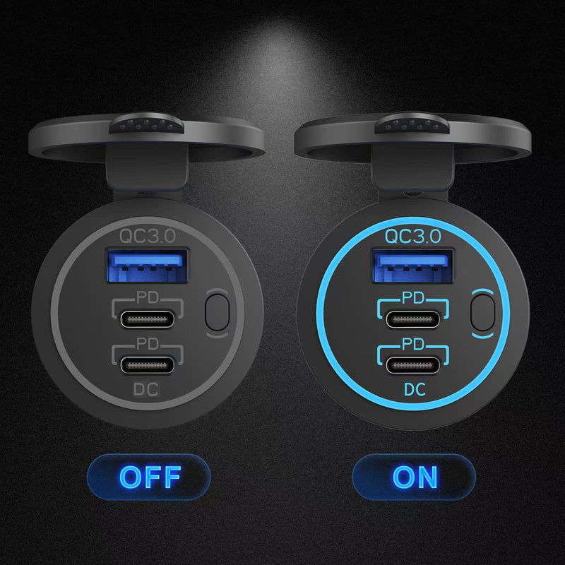  [AUSTRALIA] - 12V USB Outlet Wire USB Charger Multi Port, Dual PD3.0 USB-C and Quick Charge3.0 Car USB Port Socket with Power Switch, Fast Charge for iPhone iPad Android Phones, Suitable for Car Boat RV Marine ATV