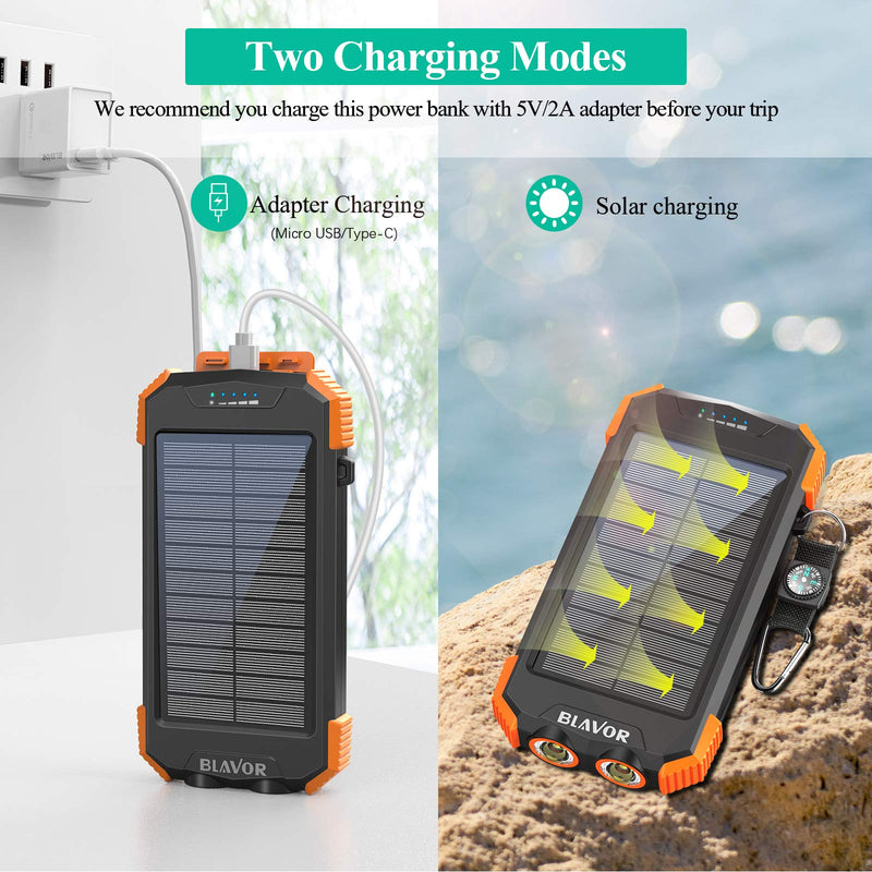  [AUSTRALIA] - Solar Power Bank, Qi Portable Charger 10,000mAh External Battery Pack Type C Input Port Dual Flashlight, Compass, Solar Panel Charging (Orange) Orange