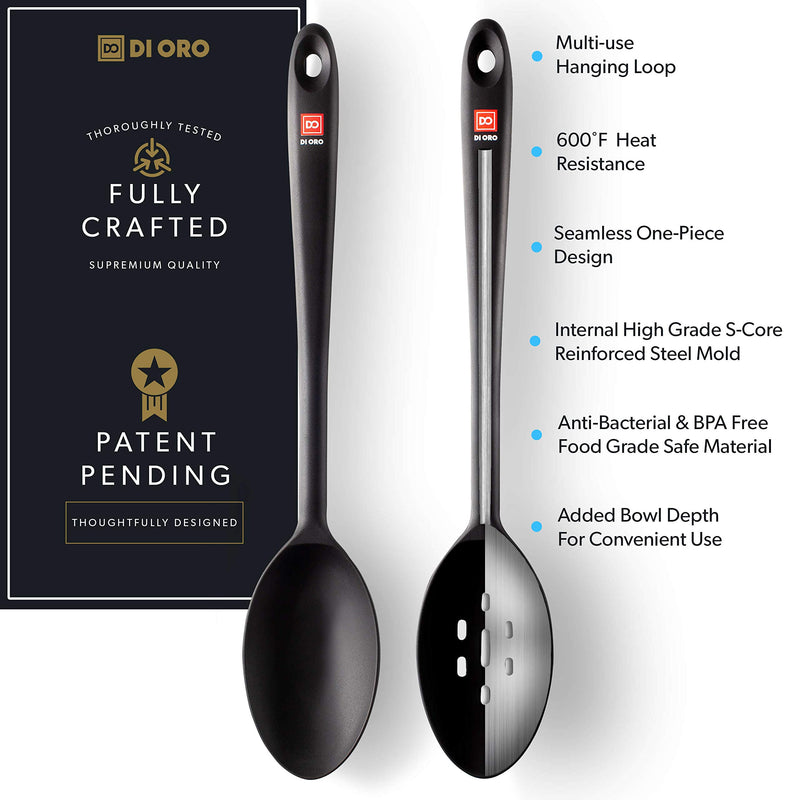  [AUSTRALIA] - DI ORO Seamless Series 2-Piece Silicone Spoon Set - 600F Heat-Resistant Rubber Non-Stick Slotted and Solid Spoons for Mixing and Serving - LFGB Certified and BPA Free Pro-Grade Silicone – Black 2-Pc Set (Black)