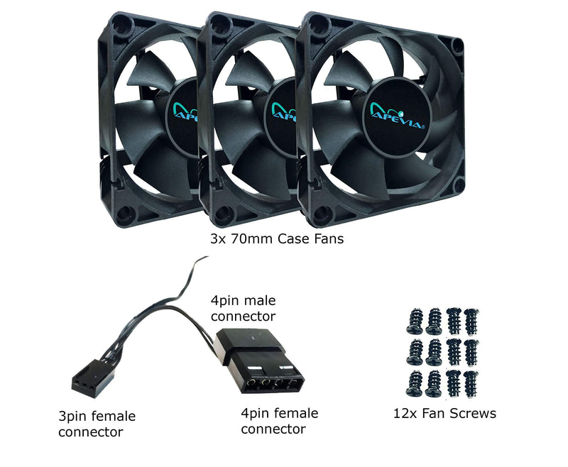  [AUSTRALIA] - Apevia CF7025S-3 (3 Pk) 70mm x 70mm x25mm Black Case Fan W/4PIN Molex + 3PIN Motherboard Adapter