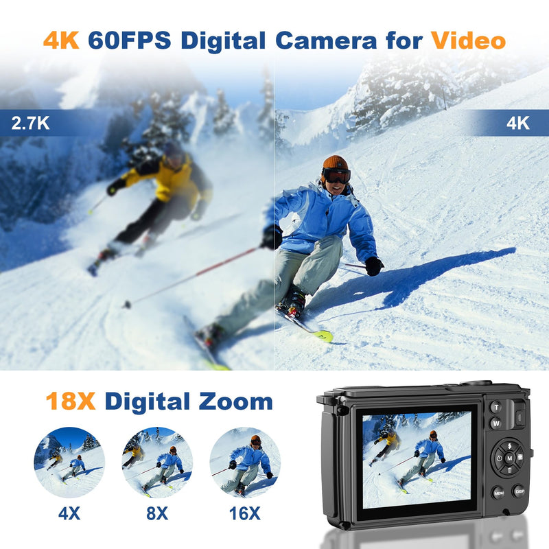  [AUSTRALIA] - 4K 64MP Digital Camera for Photography, Compact Vlogging Camera for YouTube with Auto Focus, Selfie Screens,32GB SD Card,Point&Shoot Camera with WiFi 18X Zoom,Travel Video Camera for Beginners Kids