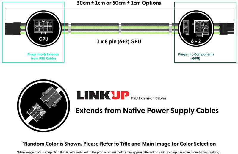 LINKUP - PCI-E 8 (6+2) P GPU PSU Power Supply Braided Sleeved Custom Mod PC Extension Cable w/Combs┃Strong & Stiff Design┃Single Pack┃30CM 300MM - Black 30cm PURE COLOR Black 8P GPU - LeoForward Australia