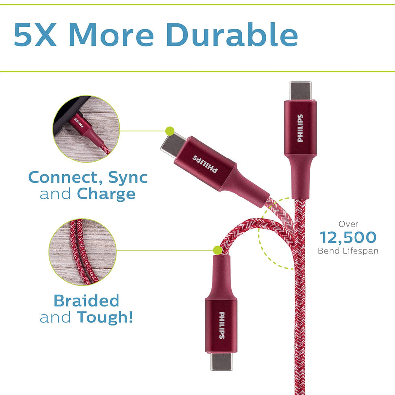 [AUSTRALIA] - Philips 3 Ft. USB Type C Cable, USB-A to USB-C Red Durable Braided Fast Charging Cable, Compatible with iPad Pro, MacBook Pro, Samsung Galaxy S21/S10/S9/Plus, Google Pixel 5/C/3/2/XL, DLC5203RA/37 3 Feet 1 Pack Cables