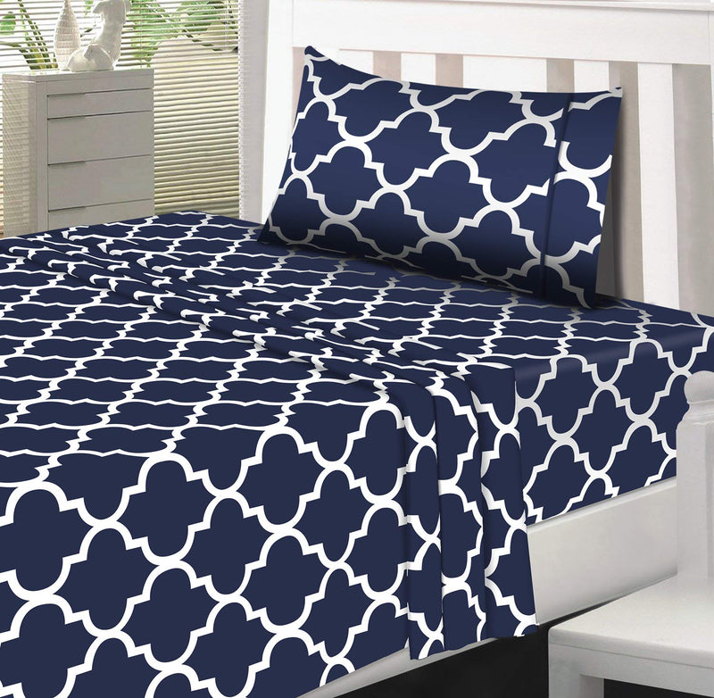  [AUSTRALIA] - Utopia Bedding Printed Bed Sheet Set - 1 Fitted Sheet, 1 Flat Sheet and 1 Pillowcase - Soft Brushed Microfiber Fabric - Shrinkage and Fade Resistant (Twin XL, Navy Quatrefoil with White Pattern) Twin XL