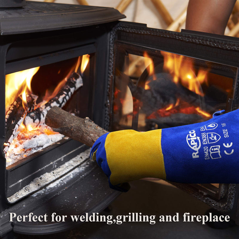 [AUSTRALIA] - RAPICCA Leather Forge/Mig/Stick Welding Gloves Heat/Fire Resistant, Mitts for Oven/Grill/Fireplace/Furnace/Stove/Pot Holder/Tig Welder/Mig/BBQ/Animal handling glove with Extra Long Sleeve Blue(length 16in)