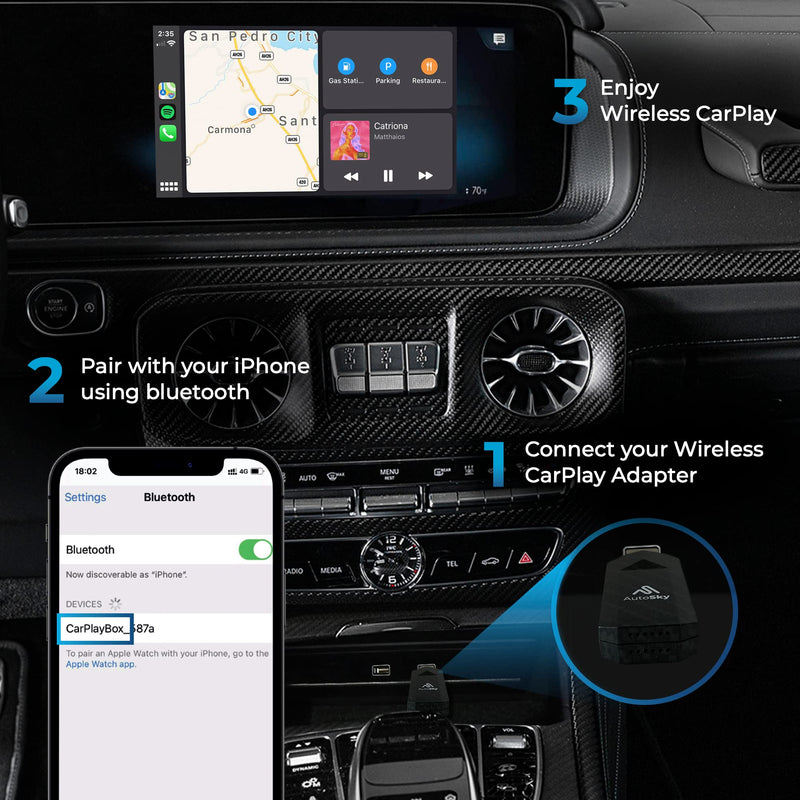  [AUSTRALIA] - Wireless CarPlay Adapter 2023 Pro Slim Edition - Smallest Newest and Fastest Wireless CarPlay Adapter - AutoSky - Factory Wired CarPlay Cars – USB-A and USB-C Cables – Wired CarPlay Required